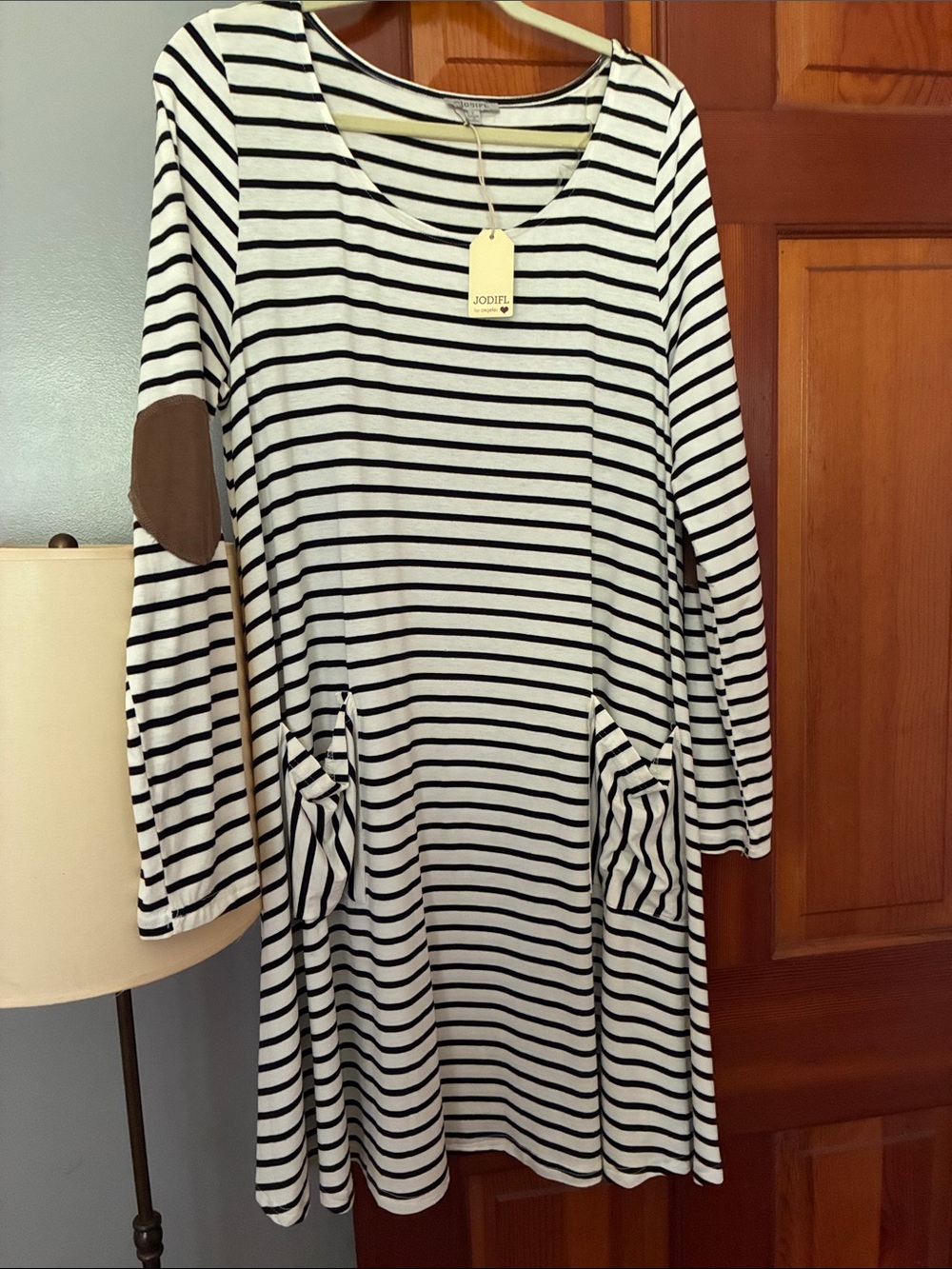 JODIFL Black & White Striped Long Sleeve Kids Dress with Brown Elbow Patch